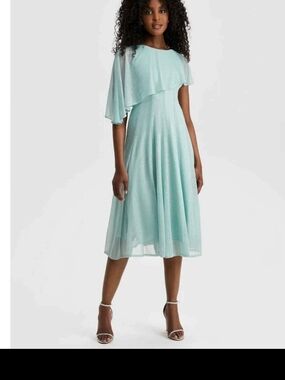Elegant Mint A-Line Midi Dress with Draped Cape New dress Laura Petite size M